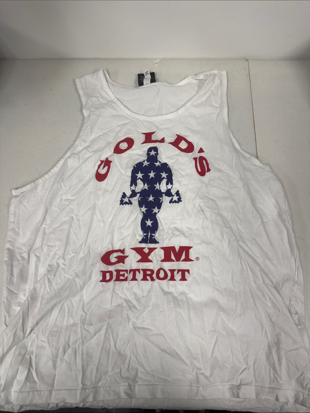 Gold's Gym Detroit Men's White Tank with Red & Blue Logo